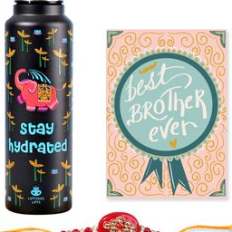 Happening Hippo Stone Studded & Beaded Rakhi With Water Bottle & Greeting Card-image-54