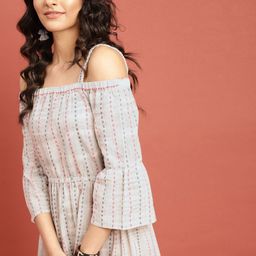 Taavi Grey Woven Legacy A-Line Midi Off-Shoulder Sustainable Pure Cotton Dress with Shoulder Straps-27