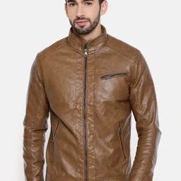 The Indian Garage Co Men Brown Solid Lightweight Biker Jacket-54