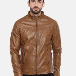 The Indian Garage Co Men Brown Solid Biker Jacket-54