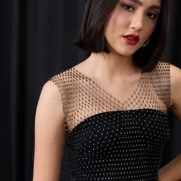Globus Women Black Rhinestone Embellished V-Neck Sheer Party Crop Top-picture-22