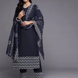 Indo Era Women Navy Blue Embroidered Kurta with Trousers & With Dupatta-picture-57