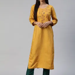 SheWill Women Mustard Yellow Ethnic Motifs Embroidered Sequinned Kurta with Trousers-image-64