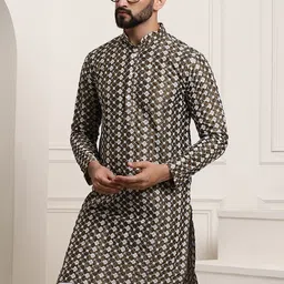 SOJANYA Men Olive Green & White Ethnic Motifs Embroidered Straight Kurta-picture-34
