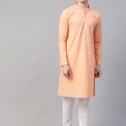 See Designs Men Peach Pure Cotton Chikankari Embroidered Straight Kurta-20