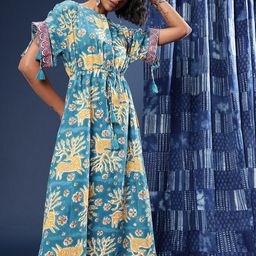 Taavi Pure Cotton Printed Tie Up Waist A-Line Sanganeri Ethnic Dress With Side Slit-image-7