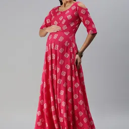 Swishchick Fuchsia & Silver Ethnic Motifs Printed Maternity Maxi Dress-8