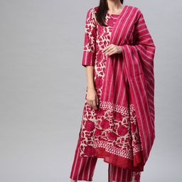Yuris Women Magenta Printed Pure Cotton Kurta with Trousers & With Dupatta-11