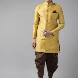 VASTRAMAY Men Mustard Yellow & Brown Self-Design Slim Fit Sherwani Set-picture-38
