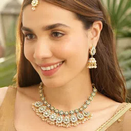 Rubans 22K Gold-Plated Green Enamel Pearl Bead Accents Kundan Studded Necklace Set-image-83