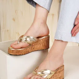 DressBerry Gold-Toned Knotted Textured Open Toe Wedges-49
