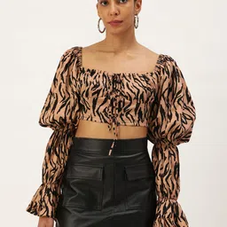 ANVI Be Yourself Animal Print Square Neck Puff Sleeves Crepe Crop Top-image-26