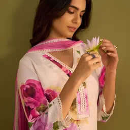 Indo Era Women Floral Printed Regular Beads and Stones Linen Kurta with Trousers & With Dupatta-46