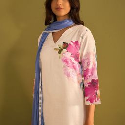Indo Era Floral Printed Beads and Stones Linen Straight Kurta with Trouser & Dupatta-image-16