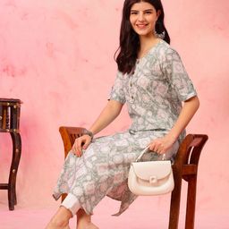 EthniFlair Floral Printed Round Neck Rolled-Up Sleeves Straight Pure Cotton Kurta-image-32