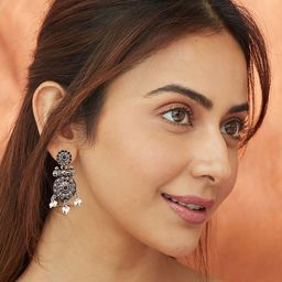 AccessHer Silver Plated Contemporary Artificial Stones Studded Oxidised Drop Earrings-8
