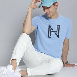 HERE&NOW Men Turquoise Blue Brand Logo Printed Pure Cotton T-shirt-image-29
