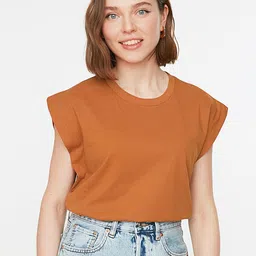 Trendyol Women Rust Brown Pure Cotton Extended Sleeves T-shirt-picture-11