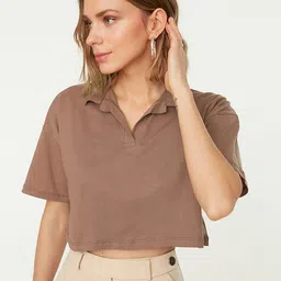 Trendyol Women Taupe Solid Polo Collar Drop-Shoulder Sleeves Cotton T-shirt-image-80