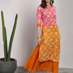 Sangria Women Pink & Orange Printed Kurta with Palazzos & Dupatta-image-28