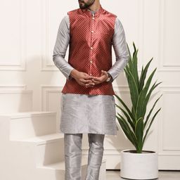 SOJANYA Men Grey & Maroon Kurta with Pyjamas & Woven Design Nehru Jacket-0