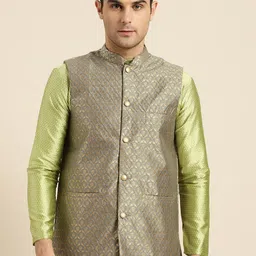 SOJANYA Men Grey & Golden Woven Design Nehru Jacket-picture-18