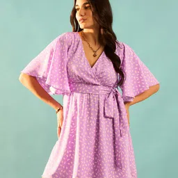 Berrylush Purple Printed Flutter Sleeve Wrap Mini Dress-picture-13