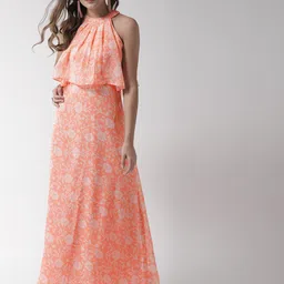 La Zoire Women Peach-Coloured & White Printed Maxi Dress-picture-19