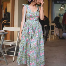 ODHANON Women Hand Block Floral Print Cotton Fit & Flare Midi Dress-image-44