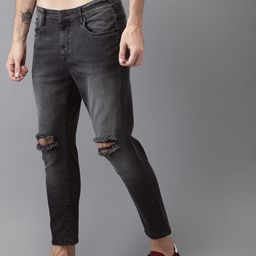 Moda Rapido Men Black Ankle Slim Tapered fit Mid-Rise Slash Knee Stretchable Jeans-image-24