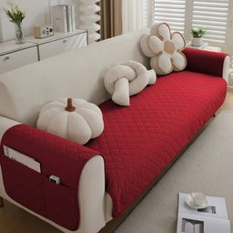 HOKIPO Red Waterproof 1 Seater Sofa Seat Mat & 2 Armrest Covers With Pockets-7