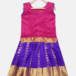 Kanakadara Girls Pink  & Blue Ready to Wear Pavadai Set-image-99