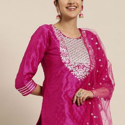 HERE&NOW Ethnic Motifs Embroidered Regular Sequinned Kurta with Trousers & Dupatta-picture-44