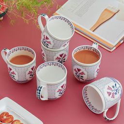 CLAY CRAFT White & Blue Printed Ceramic Glossy Cups Set of Cups and Mugs-9