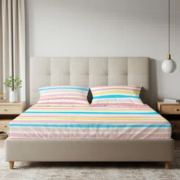 URBAN SPACE Pink & Yellow Striped 200 TC Queen Bedsheet with 2 Pillow Covers-image-34