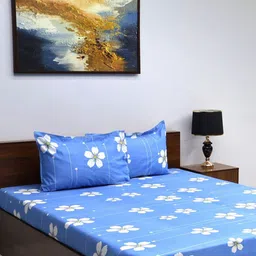 BOMBAY DYEING Blue Floral 144 TC Queen Bedsheet with 2 Pillow Covers-image-22