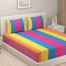 SWAYAM Multicoloured 128 TC Fine Cotton Queen Bedsheet with 2 Pillow Covers-42