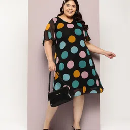 Qurvii+ Plus Size Polka Dot Print Flared Sleeve Georgette A-Line Dress-1