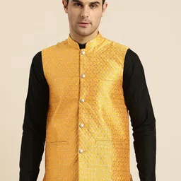 SOJANYA Men Mustard Yellow & Golden Woven Design Nehru Jacket-57