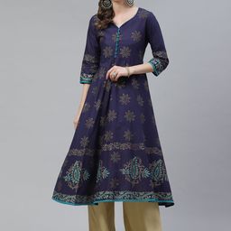 Akshatani Women Navy Blue & Golden Cotton Ethnic Motifs Hand Block Print A-Line Kurta-picture-16