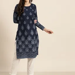 all about you Women Navy Blue & Off White Ethnic Motifs Printed Pure Cotton Indigo Kurta-40