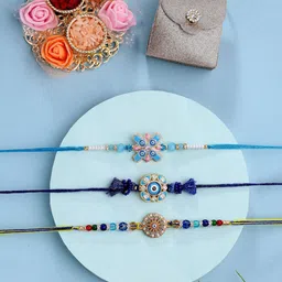 ADIVA Set Of 3 Cubic Zirconia Studded Rakhi With Bag & Pooja Thali Roli Chawal Gift Set-image-25
