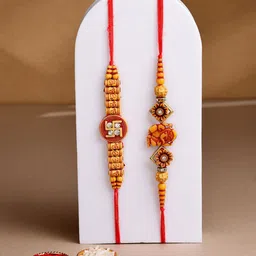 ADIVA Pack Of 2 Cubic Zirconia Studded Rakhi With Bag & Pooja Thali Roli Chawal Gift Set-image-8