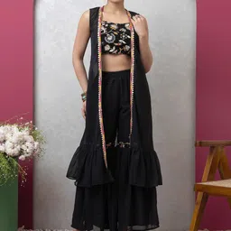 SAKA DESIGNS Embroidered Crop Top & Sharara With Shrug-picture-2