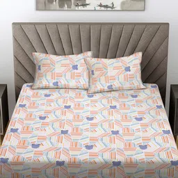 FABINALIV White & Orange Geometric Printed 300 TC King Bedsheet with 2 Pillow Covers-16