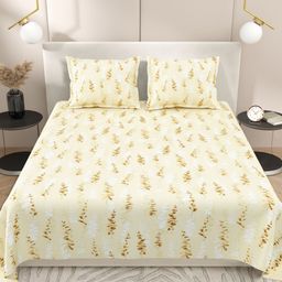 Myntra Elegant Homes Yellow & Brown Floral 220 TC King Bedsheet with 2 Pillow Covers-image-81