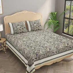 Gulaab Jaipur Cream-Coloured & Grey Floral 400 TC King Bedsheet with 2 Pillow Covers-image-84