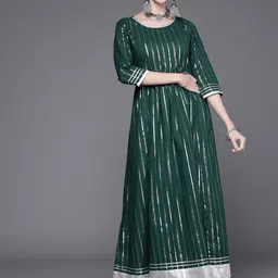 Varanga Women Green & Silver Jacquard Anarkali Kurta-25