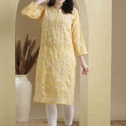 ADA Women Yellow & White Chikankari Embroidered Straight Kurta-image-87