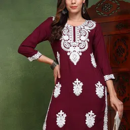 AHIKA Floral Embroidered Round Neck Chikankari Straight Kurta-43